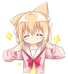 Rule 34 | 1girl, ^ ^, animal ear fluff, animal ears, blush stickers, bow, closed eyes, closed mouth, commentary request, cropped torso, closed eyes, facing viewer, fingers to cheeks, hair rollers, highres, jacket, light brown hair, long hair, nakkar, open clothes, open jacket, original, pink jacket, red bow, ribbon, shirt, sidelocks, simple background, smile, solo, sparkle, upper body, white background, white ribbon, yellow shirt