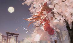 Rule 34 | 1girl, bow, brown hair, cherry blossoms, commentary request, detached sleeves, frilled bow, frills, full moon, hair bow, hair tubes, hakurei reimu, highres, long hair, looking at viewer, mechari, moon, night, night sky, outdoors, petals, petticoat, red bow, red eyes, red skirt, ribbon-trimmed sleeves, ribbon trim, scenery, shirt, shoes, skirt, sky, socks, solo, torii, touhou, tree, white socks