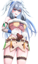 Rule 34 | 1girl, absurdres, alternate costume, blue eyes, breasts, grey hair, head wings, highres, large breasts, long hair, melia antiqua, mercury xeno, simple background, solo, thigh strap, underboob, white background, wings, xenoblade chronicles (series), xenoblade chronicles 3