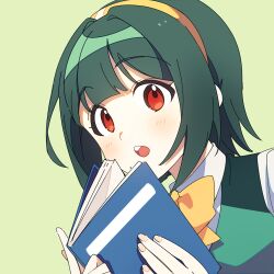 Rule 34 | 1girl, ap bar, blush, book, bow, bowtie, green background, green hair, green jacket, hairband, hands up, holding, holding book, idolmaster, idolmaster (classic), idolmaster million live!, idolmaster million live! theater days, jacket, looking at viewer, mole, mole under mouth, open mouth, otonashi kotori, red eyes, shirt, short hair, simple background, sleeveless, sleeveless jacket, solo, teeth, upper body, upper teeth only, white shirt, yellow bow, yellow bowtie, yellow hairband