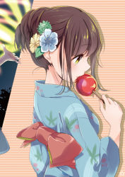 Rule 34 | 1girl, blue kimono, brown hair, candy apple, eating, flower, food, from side, hair flower, hair ornament, hand up, holding, holding food, japanese clothes, kimono, long hair, nape, obi, original, out of frame, rougetsu, sash, sidelocks, solo focus, upper body, yellow eyes, yukata