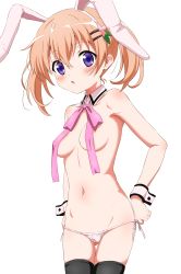 Rule 34 | 1girl, animal ears, bare shoulders, black thighhighs, blush, breasts, cameltoe, detached collar, gochuumon wa usagi desu ka?, hair ornament, hairclip, highres, hoto cocoa, medium breasts, navel, open mouth, orange hair, panties, pink ribbon, purple eyes, rabbit ears, ribbon, short twintails, simple background, sincos, solo, string panties, thighhighs, twintails, underwear, white background
