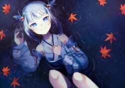 Rule 34 | 1girl, autumn leaves, bare shoulders, blue eyes, blue hair, blue kimono, blue sash, blue sleeves, breasts, closed mouth, commentary, detached sleeves, falling leaves, feet out of frame, from above, gawr gura, gawr gura (new year), hand on own chest, hand up, hololive, hololive english, japanese clothes, kimono, knees up, leaf, long sleeves, looking at viewer, lying, maple leaf, multicolored hair, obi, on back, partially submerged, print kimono, ripples, sash, short kimono, sidelocks, sleeveless, sleeveless kimono, small breasts, smile, solo, streaked hair, two-tone hair, two side up, virtual youtuber, white hair, wide sleeves, ymirai