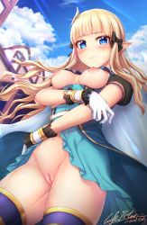 Rule 34 | 1girl, absurdres, black bow, blonde hair, blue eyes, blush, bottomless, bow, breasts, breasts out, cleft of venus, elf, hair bow, hair ornament, highres, long hair, looking at viewer, luft7star, medium breasts, nipples, no panties, pointy ears, princess connect!, public indecency, pussy, saren (princess connect!), solo, standing