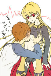 Rule 34 | 1boy, 1girl, between breasts, blonde hair, blush, grabbing another&#039;s breast, breast smother, breasts, earrings, emiya shirou, fate/stay night, fate (series), gender request, genderswap, gilgamesh (fate), gilgamesh-ko, grabbing, head between breasts, heart, hetero, jewelry, long hair, midriff, pandamamire, red eyes, sweat, torn clothes, translation request, underboob, very long hair