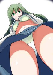 Rule 34 | 1girl, absurdres, amisu, bra, detached sleeves, dutch angle, frog hair ornament, from below, green eyes, green hair, hair ornament, hair tubes, highres, japanese clothes, kochiya sanae, long hair, long sleeves, looking at viewer, looking down, matching hair/eyes, midriff, miko, navel, open mouth, panties, pantyshot, shirt, simple background, skirt, solo, thighs, touhou, underwear, upshirt, upskirt, white background, wide sleeves