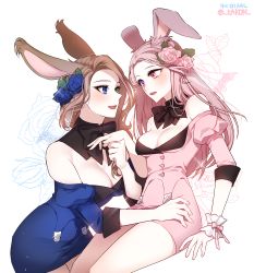 Rule 34 | 2girls, absurdres, animal ears, warrior of light (ff14), bare shoulders, black bow, black neckwear, blue eyes, blue flower, blue rose, blue shirt, blue skirt, blush, bow, bowtie, breasts, brown hair, detached collar, eye contact, eyelashes, final fantasy, final fantasy xiv, floral background, flower, green eyes, hair flower, hair ornament, hand grab, heterochromia, highres, invisible chair, iso1206, large breasts, long hair, looking at another, medium breasts, miniskirt, multiple girls, off shoulder, pencil skirt, pink flower, pink hair, pink rose, pink shirt, pink skirt, purple eyes, rabbit ears, red eyes, rose, shirt, sitting, skirt, skirt set, sleeves past elbows, smile, sparkle, viera, white background, wrist cuffs, yuri