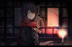 Rule 34 | 1boy, 75mm sad, black hair, blue coat, candle, coat, holding, long sleeves, looking at viewer, mashiro meme, nijisanji, ofuda, parted lips, red nails, red scarf, scarf, short hair, solo, upper body, virtual youtuber, yellow eyes
