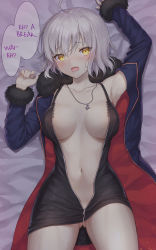 Rule 34 | 1girl, absurdres, ahoge, arm up, armpits, black dress, blush, breasts, center opening, collarbone, cowboy shot, dress, fate/grand order, fate (series), gluteal fold, grey hair, hard-translated, highres, jeanne d&#039;arc alter (fate), jeanne d&#039;arc (fate), jewelry, looking at viewer, lying, mashuu (neko no oyashiro), medium breasts, navel, necklace, no panties, on back, open mouth, short dress, short hair, solo, sweat, third-party edit, translated, unzipped, yellow eyes