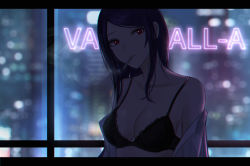 Rule 34 | 1girl, alternate breast size, bare shoulders, bartender, bra, breasts, chinese commentary, cigarette, cleavage, collarbone, commentary request, cyberpunk, highres, jill stingray, large breasts, looking at viewer, medium hair, off shoulder, science fiction, selcky, smoking, solo, underwear, upper body, va-11 hall-a