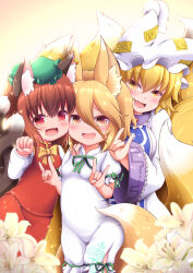 Rule 34 | 3girls, :d, animal ear fluff, animal ear piercing, animal ears, blonde hair, bloom, blue tabard, blush, bow, bowtie, breasts, brown eyes, brown hair, cat ears, cat tail, chen, commentary request, cowboy shot, double fox shadow puppet, earrings, fang, fangs, flat chest, flower, flower request, fox ears, fox shadow puppet, fox tail, frills, green ribbon, hair between eyes, happy, hat, highres, jewelry, kudamaki tsukasa, large breasts, long sleeves, looking at viewer, medium hair, mob cap, multiple girls, multiple tails, neko usagi, nekomata, open mouth, paw pose, puffy short sleeves, puffy sleeves, red eyes, red skirt, red vest, ribbon, short sleeves, single earring, skin fang, skin fangs, skirt, skirt set, slit pupils, small breasts, smile, tabard, tail, touhou, two tails, vest, white flower, white romper, wide sleeves, yakumo ran, yellow bow, yellow bowtie, yellow eyes