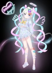 Rule 34 | 1girl, absurdres, black background, blue eyes, blue hair, blush, bow, chouzetsusaikawa tenshi-chan, full body, glitch, hair bow, halo, heart, highres, hiki (hnrq), holographic clothing, iridescent, legband, looking at viewer, mouse (computer), multicolored hair, multiple hair bows, navel, needy girl overdose, pink hair, platform footwear, pleated skirt, quad tails, school uniform, serafuku, skirt, smile, solo, v, white hair, wings
