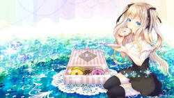 Rule 34 | 1girl, akatsuki rokino, animal ears, black thighhighs, blonde hair, blue eyes, dress, eating, female focus, food, highres, long hair, looking at viewer, ribbon, seeu, sitting, solo, sweets, thighhighs, twintails, vocaloid