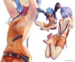 Rule 34 | 1girl, absurdres, armpits, ass, back, blue eyes, blue hair, blue nails, erasorpepero, flat chest, grin, highres, hololive, hoshimachi suisei, hoshimachi suisei (streetwear), jacket, juice box, long hair, lying, mouth hold, nail polish, naked overalls, on stomach, orange overalls, overalls, parted lips, presenting armpit, simple background, sitting, smile, solo, sunglasses, suspenders, toenail polish, toenails, virtual youtuber, white background