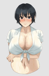 Rule 34 | 1girl, absurdres, arm under breasts, black bean, black hair, blush, breasts, cleavage, closed mouth, collarbone, commentary request, cropped torso, front-tie top, grey background, grey eyes, hair between eyes, highres, large breasts, looking at viewer, navel, original, pink lips, shirt, short hair, short sleeves, simple background, solo, sweat, tan, upper body, white shirt