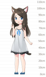 Rule 34 | 1girl, :d, absurdres, aina (mao lian), animal ear fluff, animal ears, bare arms, bare shoulders, blue eyes, blue footwear, blue ribbon, blush, brown hair, cat ears, cat tail, child, dress, grey dress, hand up, height chart, highres, long hair, mao lian (nekokao), open mouth, original, ribbon, see-through silhouette, shoes, smile, solo, sundress, tail