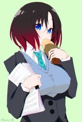 Rule 34 | black hair, breasts, business suit, covered erect nipples, eating, elma (maidragon), exxe, food, formal, highres, kobayashi-san chi no maidragon, large breasts, multicolored hair, necktie, office lady, red hair, short hair, suit, taiyaki, wagashi