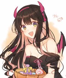 Rule 34 | 1girl, bare shoulders, bat wings, black hair, breasts, candy, choker, cleavage, dated, fake horns, fang, food, green eyes, hairband, halloween, halloween costume, hiiragi souren, horns, jack-o&#039;-lantern, kantai collection, leotard, long hair, looking at viewer, medium breasts, messy hair, multicolored eyes, multicolored hair, naganami (kancolle), open mouth, pink hair, pink hairband, pink ribbon, purple eyes, ribbon, simple background, solo, sweatdrop, twitter username, wings