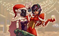 Rule 34 | 2girls, alcohol, arm cannon, black dahlia, black hair, blood, blue eyes, blush, bob cut, breasts, capelet, champagne, champagne flute, cup, dress, drinking glass, elbow gloves, eliza (skullgirls), gloves, grenade launcher, hat, large breasts, looking at another, looking at viewer, mistletoe, multiple girls, santa hat, short hair, skeletal arm, skullgirls, smile, veil, weapon, yuri, zizidi18