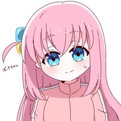 Rule 34 | 1girl, blue eyes, blush, bocchi the rock!, closed mouth, commentary, cube hair ornament, gotoh hitori, hair between eyes, hair ornament, head tilt, highres, jacket, long hair, looking at viewer, oan (o annn), one side up, pink hair, pink jacket, simple background, solo, sweatdrop, translated, upper body, white background