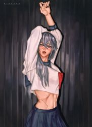 Rule 34 | 1girl, arm up, blue eyes, commentary, cowboy shot, english commentary, genderswap, genderswap (mtf), hair between eyes, hands up, heterochromia, highres, jujutsu kaisen, long hair, long sleeves, looking at viewer, mahito (jujutsu kaisen), navel, parted lips, riaxart, school uniform, silver hair, skirt, solo, stitched face, stitched torso, stitches, teeth, upper teeth only