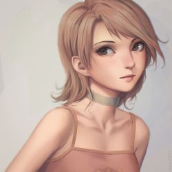 Rule 34 | 1girl, artist name, bare shoulders, brown eyes, brown hair, choker, closed mouth, collarbone, commentary, expressionless, eyelashes, freckles, grey background, head tilt, highres, lips, looking at viewer, looking away, miura-n315, nose, parted bangs, persona, persona 3, pink shirt, portrait, realistic, shirt, short hair, simple background, solo, swept bangs, takeba yukari, tank top