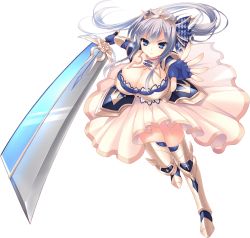 Rule 34 | 1girl, armor, blue eyes, breasts, bridal gauntlets, cecilia highland, cleavage, crown, dress, female focus, foreshortening, full body, game cg, hair ornament, highres, huge breasts, large breasts, long hair, looking at viewer, love love princess, shiny skin, shoulder pads, silver hair, simple background, skindentation, solo, sword, transparent background, very long hair, weapon, white background, wori