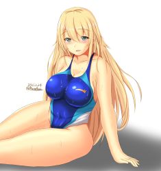 Rule 34 | 1girl, alternate costume, aqua one-piece swimsuit, atago (kancolle), blonde hair, blue one-piece swimsuit, breasts, competition swimsuit, covered navel, dated, green eyes, hair between eyes, highres, kantai collection, large breasts, long hair, looking at viewer, montemasa, one-piece swimsuit, open mouth, sitting, smile, solo, swimsuit, white background, white one-piece swimsuit