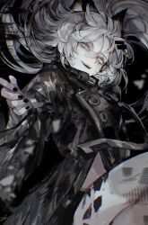 Rule 34 | 1girl, absurdres, arknights, black background, black coat, black nails, black shorts, coat, commentary, fangs, floating hair, grey eyes, grey hair, grin, hand up, highres, lappland (arknights), long hair, long sleeves, looking at viewer, material growth, moriiii, open mouth, oripathy lesion (arknights), scar, scar across eye, shorts, simple background, slit pupils, smile, solo, symbol-only commentary, wolf girl