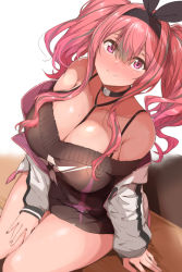 Rule 34 | 1girl, azur lane, bare shoulders, blush, breasts, bremerton (azur lane), bremerton (day-off date) (azur lane), brown dress, choker, cleavage, collarbone, dress, hair ribbon, hairband, highres, jacket, large breasts, long hair, long sleeves, looking at viewer, mole, mole on breast, multicolored hair, nail polish, off shoulder, official alternate costume, open clothes, open jacket, pink eyes, pink hair, ribbon, sidelocks, sitting, smile, solo, streaked hair, sweater, sweater dress, thighs, tokiwa midori (kyokutou funamushi), twintails, white jacket