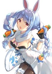 Rule 34 | 1girl, animal ear fluff, animal ears, arm cuffs, armpits, artist name, bare shoulders, black gloves, black leotard, black pantyhose, blue hair, braid, breasts, carrot hair ornament, cleavage, cowboy shot, detached sleeves, don-chan (usada pekora), dress, food, food-themed hair ornament, fur-trimmed dress, fur-trimmed gloves, fur scarf, fur trim, gloves, hair ornament, highres, holding, holding food, hololive, leaning forward, leotard, light blue hair, long hair, looking at viewer, medium breasts, multicolored hair, open mouth, pantyhose, playboy bunny, rabbit ears, rabbit girl, rabbit tail, red eyes, signature, simple background, solo, strapless, strapless dress, symbol-shaped pupils, tail, thigh strap, twin braids, twintails, two-tone hair, usada pekora, usada pekora (1st costume), virtual youtuber, white background, white dress, white hair, yaki mayu