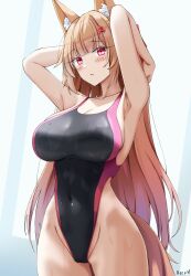 Rule 34 | 1girl, animal ear fluff, animal ears, armpits, arms up, artist name, bare arms, bare shoulders, black one-piece swimsuit, blonde hair, blunt bangs, blush, breasts, cleavage, collarbone, competition swimsuit, covered navel, hair ornament, highleg, highleg swimsuit, highres, keenh, large breasts, long hair, looking at viewer, one-piece swimsuit, original, parted lips, red eyes, solo, swimsuit, tail, thighs