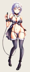 Rule 34 | 1girl, bare shoulders, beige background, between breasts, black collar, black footwear, black panties, black thighhighs, bow, braid, breasts, collar, collarbone, commentary request, frilled thighhighs, frills, full body, gluteal fold, green bow, hair bow, high heels, highres, holding, holding leash, izayoi sakuya, large breasts, leash, lingerie, looking at viewer, maid headdress, mayonaka taruho, navel, open mouth, panties, purple eyes, silver hair, simple background, skindentation, solo, standing, stomach, thighhighs, thighs, touhou, twin braids, underwear, underwear only, wrist cuffs