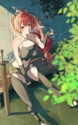 Rule 34 | 1girl, ahoge, bare shoulders, blush, breasts, clothing cutout, eris greyrat, hair between eyes, highres, large breasts, long hair, looking at viewer, mushoku tensei, navel, outdoors, ponytail, red eyes, red hair, saico isshin, sitting, solo, sword, thigh cutout, very long hair, weapon, window, wooden sword