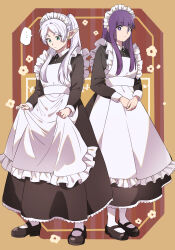 Rule 34 | ..., 2girls, alternate costume, apron, aqua eyes, black dress, black footwear, blunt bangs, collared dress, dress, earrings, elf, enmaided, fern (sousou no frieren), flower, frieren, frilled apron, frills, full body, hair over shoulder, highres, jewelry, long hair, long sleeves, looking at viewer, looking down, maid, maid apron, maid headdress, mary janes, multiple girls, outside border, own hands together, pantyhose, parted bangs, pointy ears, poteke, purple eyes, purple hair, red background, shoes, sidelocks, skirt hold, sousou no frieren, spoken ellipsis, standing, twintails, white apron, white hair, white pantyhose