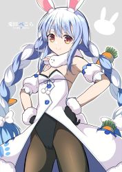 Rule 34 | 1girl, animal ear fluff, animal ears, bare shoulders, black gloves, black leotard, blue hair, bow, braid, breasts, brown pantyhose, carrot hair ornament, character name, cleavage, closed mouth, commentary request, detached sleeves, don-chan (usada pekora), dress, food-themed hair ornament, fur-trimmed dress, fur-trimmed gloves, fur trim, gloves, grey background, hair between eyes, hair bow, hair ornament, hands on own hips, highres, hololive, leotard, long hair, pantyhose, puffy short sleeves, puffy sleeves, rabbit ears, red eyes, short eyebrows, short sleeves, simple background, small breasts, smile, standing, thick eyebrows, twin braids, twintails, usada pekora, usada pekora (1st costume), very long hair, virtual youtuber, white bow, white dress, white hair, white sleeves, xiao rui rui