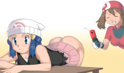 Rule 34 | 2girls, ^ ^, apostle, arm support, ass, beanie, bent over, blood, blue eyes, blue hair, brown hair, camera, cellphone, closed eyes, clothes lift, creatures (company), dawn (pokemon), closed eyes, female pervert, game freak, gloves, grin, hair ornament, hat, may (pokemon), miniskirt, multiple girls, nintendo, nosebleed, panties, pervert, phone, pokemon, skirt, skirt lift, smile, table, thong, underwear