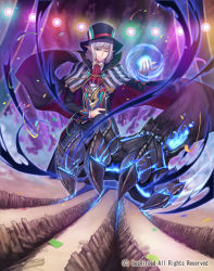 Rule 34 | 1boy, blue eyes, capelet, cardfight!! vanguard, company name, fire, hat, male focus, nightmare summoner raqiel, official art, one eye closed, pointy ears, purple hair, solo, terumii