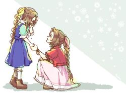 Rule 34 | 2girls, aerith gainsborough, age progression, aged down, bangle, blue dress, boots, bracelet, braid, braided ponytail, brown footwear, brown hair, child, collared shirt, cropped jacket, crying, dress, final fantasy, final fantasy vii, final fantasy vii rebirth, final fantasy vii remake, frilled socks, frills, full body, green shirt, hair ribbon, hand on own face, holding hands, jacket, jewelry, long dress, long hair, looking at another, moke mokke, multiple girls, parted bangs, pink dress, pink ribbon, ponytail, puffy short sleeves, puffy sleeves, red jacket, ribbon, shirt, shirt under dress, short sleeves, sidelocks, single braid, socks, squatting, tears, white socks, yellow ribbon