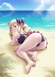 Rule 34 | 1girl, ass, barefoot, beach, blonde hair, blue sky, blush, bow, breasts, cloud, day, drill hair, elise (fire emblem), elise (summer) (fire emblem), feet, fire emblem, fire emblem fates, frilled swimsuit, frills, from behind, hair bow, hair ribbon, long hair, looking at viewer, looking back, lying, nintendo, ocean, one-piece swimsuit, outdoors, purple eyes, pussy, ribbon, sand, sky, small breasts, smile, solo, swimsuit, thor (deep rising), tree shade, twin drills, twintails, very long hair, water, wet
