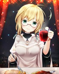 Rule 34 | 1girl, ahoge, alternate costume, artist name, blonde hair, blush, breasts, building, buttons, commentary request, cup, drinking glass, food, fork, glasses, green eyes, highres, holding, holding cup, holding drinking glass, holding fork, i-8 (kancolle), kantai collection, long hair, medium breasts, omoomomo, red-framed eyewear, signature, smile, solo
