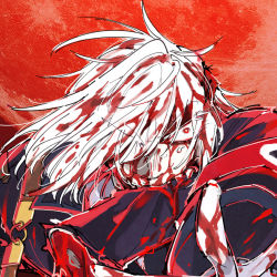 Rule 34 | 1boy, armband, belt, bleeding, blood, blood in hair, blood on clothes, blood on face, cropped, dies irae, dies irae ~interview with kaziklu bey~, disembodied hand, eyes visible through hair, gloves, hair over one eye, kishia (jun&#039;aist), male focus, moon, mouth hold, red eyes, red moon, red theme, shinza bansho series, solo, sweat, white gloves, white hair