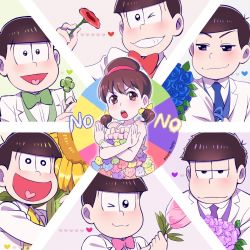 Rule 34 | 10s, 1girl, 6+boys, bad id, bad twitter id, brown hair, dress, english text, flower, formal, hair ribbon, highres, looking at another, low twintails, matsuno choromatsu, matsuno ichimatsu, matsuno jyushimatsu, matsuno karamatsu, matsuno osomatsu, matsuno todomatsu, mery (yangmalgage), multiple boys, osomatsu-kun, osomatsu-san, ribbon, rose, sextuplets, short twintails, six shame faces, suit, sunflower, twintails, white suit, yowai totoko