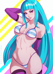 Rule 34 | 1girl, arm behind back, arm up, armpits, artist name, bikini, blue bikini, blue hair, blunt bangs, breasts, breasts apart, contrapposto, covered erect nipples, cowboy shot, dandon fuga, elbow gloves, eyelashes, female focus, gloves, halterneck, highleg, highleg bikini, large breasts, long hair, looking at viewer, me!me!me!, meme (me!me!me!), micro bikini, navel, outline, purple eyes, purple gloves, purple thighhighs, skindentation, solo, standing, string bikini, striped bikini, striped clothes, striped thighhighs, swimsuit, thighhighs, thighs, underboob, v-shaped eyebrows, very long hair, white outline, wide hips