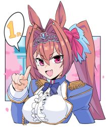 Rule 34 | 1girl, animal ears, ayuuuuuu, blue jacket, blush, breasts, center frills, cherry blossoms, cropped torso, daiwa scarlet (umamusume), fang, finger counting, framed breasts, frills, hair intakes, hand up, horse ears, index finger raised, jacket, large breasts, long hair, looking at viewer, open mouth, shirt, skin fang, smile, solo, spoken number, tiara, twintails, umamusume, upper body, v-shaped eyebrows, white shirt
