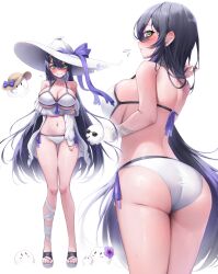 Rule 34 | 1girl, ass, back, bandaged leg, bandaged wrist, bandages, bare shoulders, bikini, black hair, blush, breasts, cleavage, commentary, flying sweatdrops, from behind, hat, hat ribbon, highres, holding own arm, jacket, large breasts, long hair, looking at viewer, morros, multiple views, navel, off shoulder, open clothes, open jacket, original, ribbon, sandals, side-tie bikini bottom, sideboob, simple background, sunglasses, swimsuit, torn clothes, torn hat, underboob, white background, white bikini, white hat, white jacket