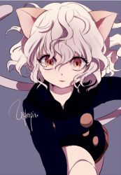 Rule 34 | androgynous, animal ears, cat ears, cat tail, character name, gender request, grey background, hunter x hunter, long sleeves, maruino, neferpitou, orange eyes, other focus, short hair, silver hair, simple background, skirt, solo, tail, wavy hair