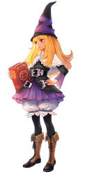 Rule 34 | 1girl, blonde hair, bloomers, book, boots, cross-laced footwear, full body, grimgrimoire, grimoire, hand on own hip, hat, hip focus, holding, holding book, kamitani george, lace-up boots, lillet blan, long hair, nippon ichi, official art, pantyhose, purple eyes, simple background, solo, standing, underwear, vanillaware, wand, witch hat