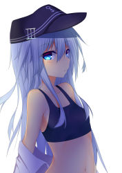 Rule 34 | 10s, 1girl, bare shoulders, blue eyes, hat, hibiki (kancolle), highres, kantai collection, long hair, looking at viewer, navel, open clothes, open shirt, shirt, silver hair, solo, sports bra, suteba (grzjkbhgf), undressing, white background