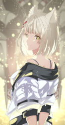 Rule 34 | 1girl, absurdres, animal ear fluff, animal ears, arms behind back, bare shoulders, breasts, cat ears, closed mouth, from behind, grey hair, highres, jacket, light particles, long sleeves, looking at viewer, looking back, medium breasts, mio (xenoblade), off shoulder, open clothes, open jacket, risumi (taka-fallcherryblossom), shirt, short hair, smile, solo, upper body, white jacket, white shirt, xenoblade chronicles (series), xenoblade chronicles 3, yellow eyes